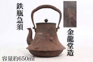 金龍堂造　蓋款　鉄瓶　草花紋　急須　容量約650ml　/　金龍堂　彫金　湯沸かし　茶器　煎茶道具　煎茶飾　.G373