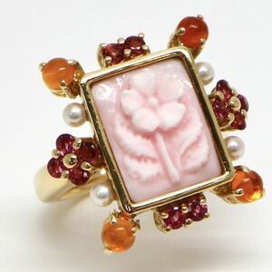 豪華!!ソ付き!!◆K18 コンクシェルカメオ/天然マルチストーンリング◆U 約9.6g 約10号 conch pearl jewelry ジュエリー ring指輪 EG8/EG8