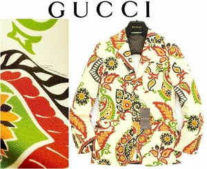 45万新品◆52=L◆GUCCI グッチ ライトベージュ×赤茶系ピーコック柄ジャケット1円