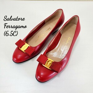 美品◆Salvatore Ferragamo サルヴァトーレフェラガモ 本革レザー VARA ヴァラリボン パンプス ローヒール(6.5C■23.5～24.0cm)赤/レッド