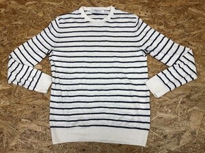 アローズ UNITED ARROWS green label relaxing ニット セーター 若干薄手 丸首 ボーダー 長袖 麻100% S オフホワイト×ネイビー レディース