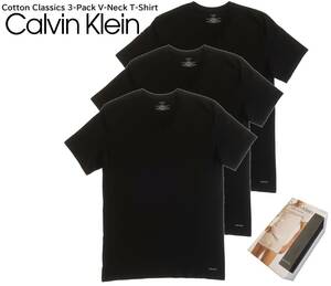 新品★カルバンクライン★ブラック Tシャツ 3枚 セット★箱入り★Vネック★裾 ロゴ プリント 黒 XL★Calvin Klein CK★660