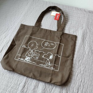 1点のみ●未使用 タグ付 PEANUTS スヌーピー 大容量 キャンバス地 トートバッグ 茶 エコバッグ ポケット有 携帯に●色違い有 匿名 送料無料