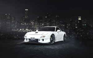 マツダ RX-7 白 夜景 絵画風 壁紙ポスター ワイド版603×376mm（はがせるシール式）002W2