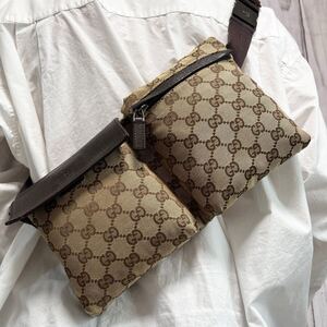 極美品 GUCCI グッチ メンズ ビジネス ボディバッグ ウエストポーチ ウエストバッグ GG ベージュ ブラウン キャンバス レザー 本革 28566