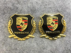 ポルシェ PORSCHE ゴールド 貼エンブレム エンブレム ステッカー プレート 自動車の側面 フェンダーバッジ 傷を隠す 2個セット 送料無料