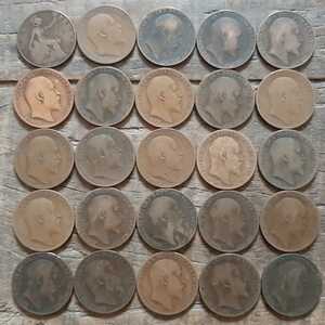 25個 古銭 ブロンズ ペニー イギリス アンチーク エドワードVII ペニー本物英国コイン1902年~1910年 31ミリコインです9.5gブロンズ 