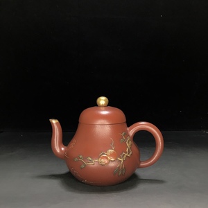 【聚寳齋*紫砂手工彫*紫砂壺*思亭】茶壺 茶道具 中国古美術 時代物 容量：420cc