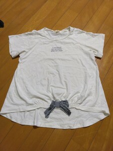 HUSHUSH ハッシュアッシュ 半袖丸首Tシャツ 130cm 綿100%コットンりぼんホワイト女の子トップス子供服キッズ子どもカットソー白アイボリー