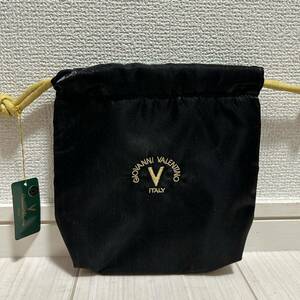 1円〜 新品 Giovanni Valentino バレンチノ レディース メンズ ポーチ 小物入れ 巾着バッグ 巾着袋 黒 ブラック ゴールド ロゴ ブランド