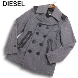 DIESEL ディーゼル 秋冬 メルトン ウール★ レザー使い Pコート Sz.XS　メンズ グレー　C4T10802_B#N