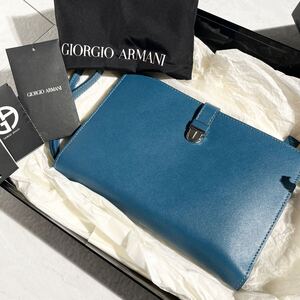 極美品/箱付き ●GIORGIO ARMANI ジョルジオアルマーニ メンズ セカンドバッグ クラッチ ウォレット サフィアーノレザー 多収納 ブルー