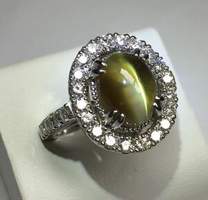 ◆綺麗◆上質◆ 天然クリソベリルキャッツアイ 7.51ct ダイヤモンド 高級リング D1.23ct/Pt900 CGL 鑑別書付◆