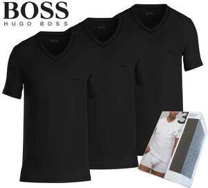 新品★ヒューゴ ボス HUGO BOSS★ブラック Tシャツ 3枚 セット★Vネック★胸 ロゴ刺繍★コットン 100%★黒&黒★L☆71