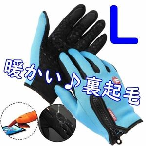 裏起毛◆防寒 手袋 グローブ【L/水色】スマホ対応 防滑 裏起毛 サイクル トレッキング 通勤 通学 自転車 バイク スキー 釣り【L】ブルー/青