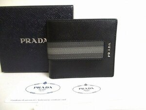 【未使用保管品】 プラダ PRADA サフィアーノ レザー ストライプ 2つ折り 札入れ コンパクト財布 メンズ