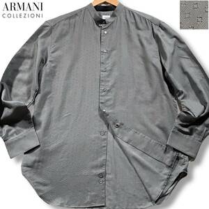 未使用級/XLサイズ●アルマーニ コレツィオーニ マオカラー バンドカラー 長袖シャツ ARMANI COLLEZIONI 透け感 総柄 ダイヤ型押し風