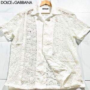 極美品/XLサイズ●ドルチェ&ガッバーナ リネン混 レースモチーフ 半袖シャツ DOLCE&GABBANA メンズ パッチワーク風 透け感 花柄 フラワー