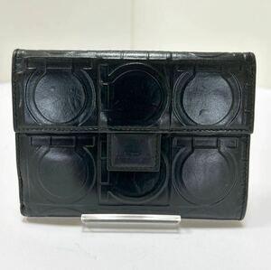 ◆Ferragamo フェラガモ ガンチーニ　IR-22 0772　折り財布◆　本革　小銭入れ＆定期入れ有　Wホック　ブラック 【USED】0519