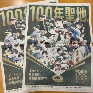 読売新聞 全面広告 2枚 甲子園球場 阪神甲子園球場 100周年 ドカベン タッチ 巨人の星 