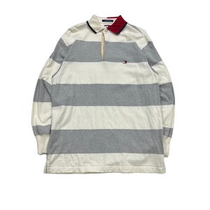 【M】USA 古着 90s トミーヒルフィガー TOMMY HILFIGER 長袖 ラガーシャツ 90年代 ボーダー ホワイト/グレー