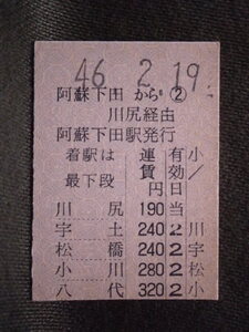 国鉄　無人駅最終日 阿蘇下田から川尻経由 八代ゆき 切断式乗車券