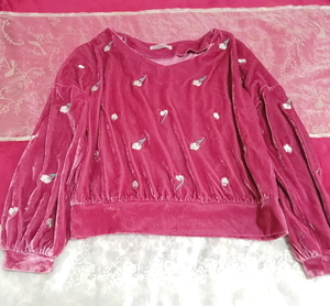 ピンク光沢長袖花柄チュニック/トップス Pink luster long sleeve flower pattern tunic tops