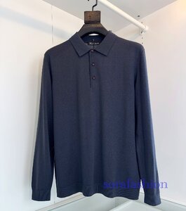 KITON キトン メンズ ニットポロシャツ 長袖Tシャツ トップス ネイビー 3XLサイズ 綿 ニットカットソー 紳士服 無地 ウール