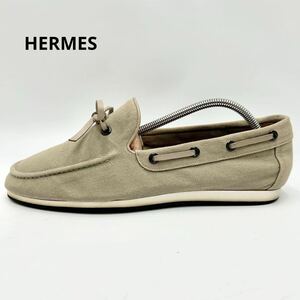 1円 【美品】 HERMES エルメス 【王者の貫禄】 メンズ ローカット スニーカー シューズ デッキシューズ 靴 キャンバス ベージュ 25.0cm相当