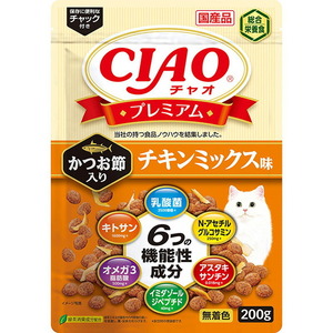 （まとめ買い）いなばペットフード CIAO プレミアム かつお節入り チキンミックス味 200g 猫用フード 〔×12〕