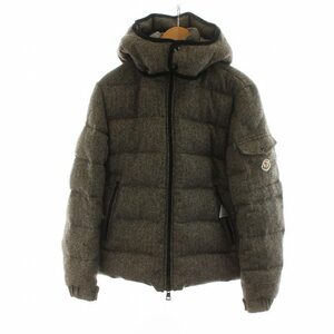 MONCLER CHIMAY GIUBBOTTO ダウンジャケット ジップアップ ミドル 長袖 フード付き ヘリンボーン ツイード ウール 1 M 茶 グレー