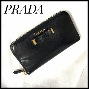 大人気　プラダ　PRADA　長財布　ブラック　レザー　ラウンドファスナー　黒 正規品　財布　リボン　ゴールド　レディース財布