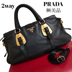 極美品 正規品 PRADA 2way オール レザー ハンドバッグ ショルダーバッグ ブラック ゴールド プラダ 美品 斜め掛け