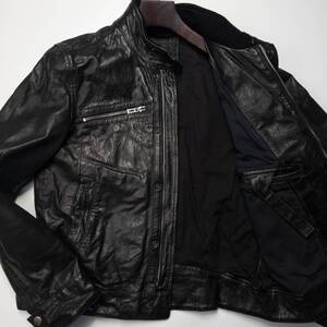 美品!XLサイズ相当!ヒューゴボス/HUGO BOSS シングルライダース ジャケット ラムレザー ブラック 黒 48 ロゴジップ ブルゾン 仔羊革