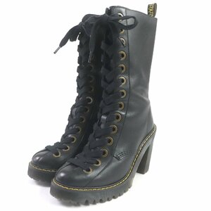 美品□Dr.Martens ドクターマーチン CAREY レザー サイドジップ レースアップ ヒールブーツ ロングブーツ ブラック 6 レディースオススメ