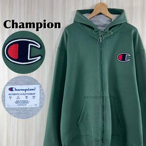 【人気の定番】Champion チャンピオン ワンポイント 袖ロゴ 裏起毛 フルジップ ジップアップパーカー ASIA表記2XL グリーン アメカジ 古着