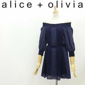 美品◆alice + olivia アリス＆オリビア 刺繍 エンブロイダリー アイレットレース オフショルダー ミニ ワンピース ネイビー 2