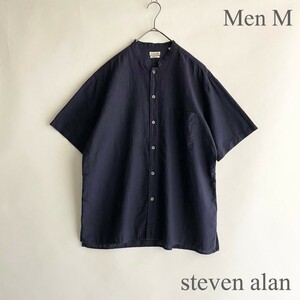 steven alan スティーブンアラン C/L STRIPE COOK SHIRT-BOLD スタンドカラー ストライプ コットン×リネン BOLD FIT ネイビー size M sk