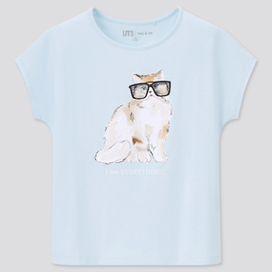 新品☆レア☆ ポール&ジョー グラフィック Tシャツ カットソー子猫 UNIQLO サイズ120cm 130 140 150 160cm キッズ 子供服 水色 ブルー blue