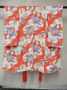 1円 良品 正絹 女児 子供着物 縮緬 七五三 和装 和服 アンティーク レトロ 御所車 花柄 毬 高級 袷 身丈115cm 裄51cm【夢職】★★★