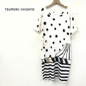 R892-J-S◆tsumori chisato ツモリチサト 総柄フレンチスリーブチュニック◆サイズ2 綿100% コットン ドット ボーダー ワンピース