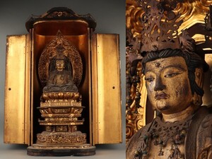 仏教美術 時代品 厨子 木彫 玉眼 仏像 釈迦如来像 坐像 66.2㎝　lm02