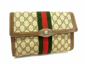 1円 GUCCI グッチ 89 01 006 オールドグッチ ヴィンテージ シェリーライン GG柄 PVC×レザー クラッチ セカンドバッグ ブラウン系 FB9394