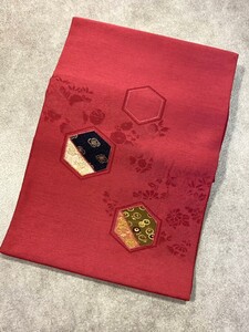 名古屋帯 ピンク 花 帯 アンティーク モダン リメイク 着物 ☆ちょこオク☆ 佐川80サイズ