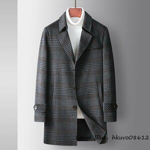 超美品*ウールコート チェック柄 メンズ コート カシミヤ 紳士服 ロングコート ビジネスコート アウター チェスターコート グレー② 2XL