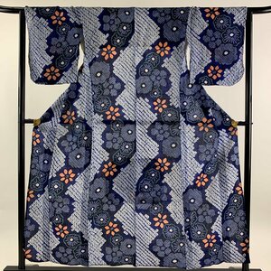 浴衣 身丈150cm 裄丈64cm M 絞り浴衣 花 幾何学 青 綿 名品 【中古】