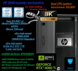 4K動画編集/画像生成AI/VR/ゲーム開発★新品RTX4060Ti-16GB搭載★13世代Core i9超xeon36コア72スレッド★NVMeSSD1TB＆HDD4TB/128GB(即決)