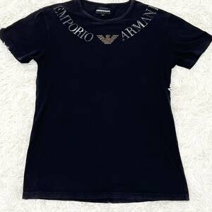 【圧倒的存在感】エンポリオ アルマーニ　EMPORIO ARMANI Tシャツ　半袖　黒　ブラック　ラインストーンロゴ　文字ロゴ　ゴールド　Lサイズ