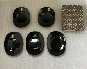 A1116茶托　黒　小判　５枚組　工芸　茶道具　煎茶道具　古道具　古民具 骨董　古美術品　時代物 お茶 接客