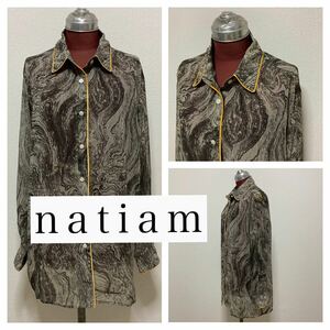 新品同様◆natiam ナティム◆マーブル 透け感 シアー シャツ ブラウス フリーサイズ グレーカーキ イエロー パイピング 長袖 定価13500円